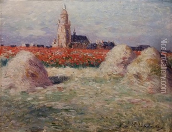Haystacks And Field Of Poppies Near The Croisie Oil Painting - Ferdinand du Puigaudeau
