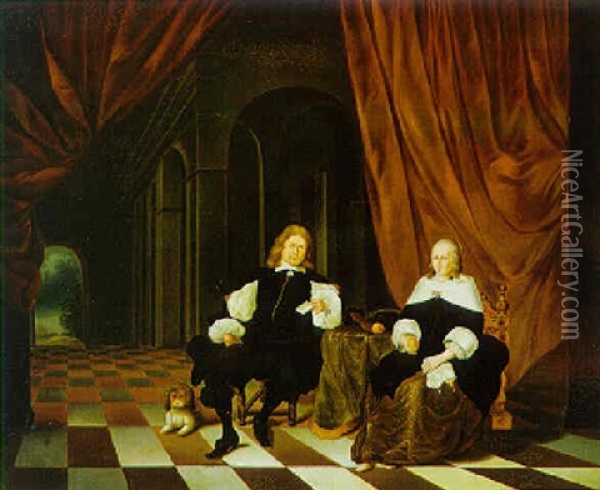Bildnis Eines Vornehmen Paares In Einer Schloshalle Oil Painting - Gerrit Lundens