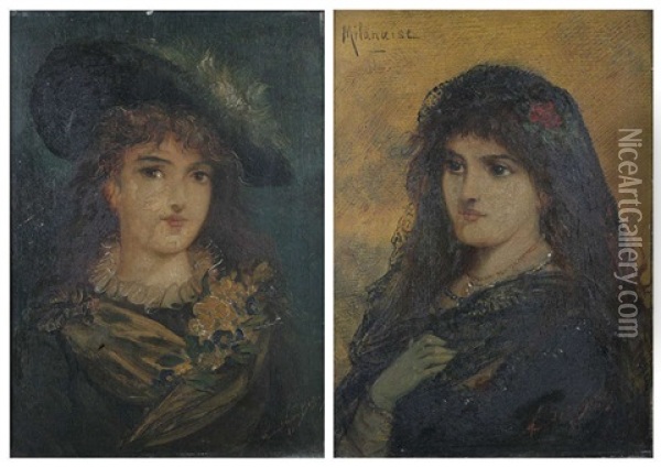Portrait D'une Jeune Femme (+ Another; Pair) Oil Painting - Joseph Emmanuel van den Bussche