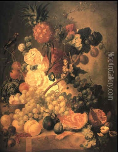 Hollyhocks And Fruit On A Marble Ledge With A Goldfinch Oil Painting - Jan van Os