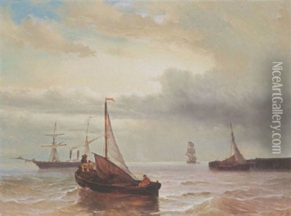 Sailing Vessels In Choppy Waters Oil Painting - Johan Hendrik Meyer