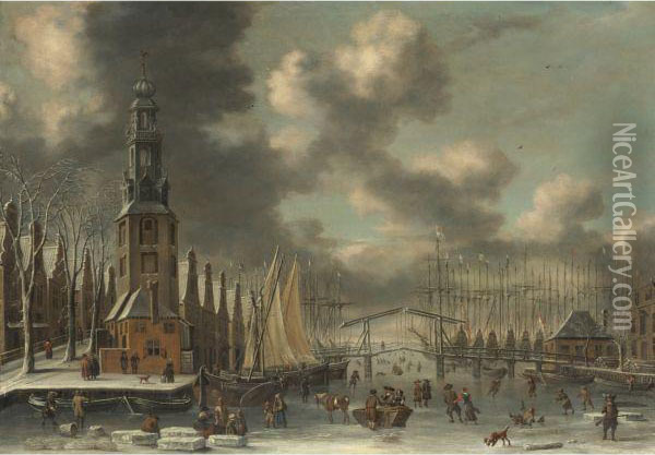 Amsterdam, The Montelbaanstoren In Winter Oil Painting - Thomas Heeremans