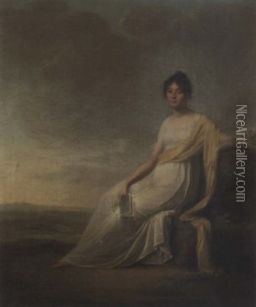 Jeune Femme Assise Tenant Un Livre Devant Un Paysage Oil Painting - Charles Paul Landon