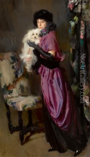 An Elegant Woman With Her Maltese Oil Painting - Ambrogio Antonio Alciati