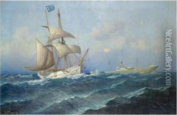 Greek Vessels On Choppy Waters Oil Painting - Emilios Prosalentis