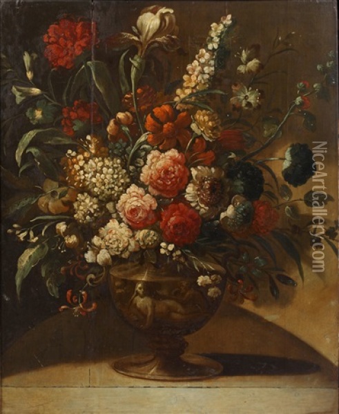 Roses, Peonies, Lilies And Other Flowers In A Bronze Urn, On A Stone Ledge Oil Painting - Pieter Casteels III