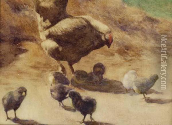 A Hen And Chicks In A Farmyard Oil Painting - Walter Douglas