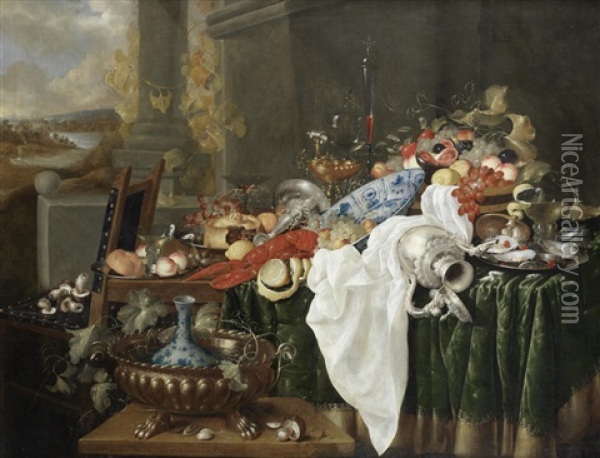 A Still Life Of A Pie On A Silver Dish, A Lobster, A Silver Cup And Ewer, A Wan-li Kraak Bowl, Numerous Fruits, Oysters And Glasses Of Wine With White And Green Cloths On A Table Beside A Gilt Bowl With A Blue And White Vase And Boletes On A Chair Oil Painting - Andries De Koninck