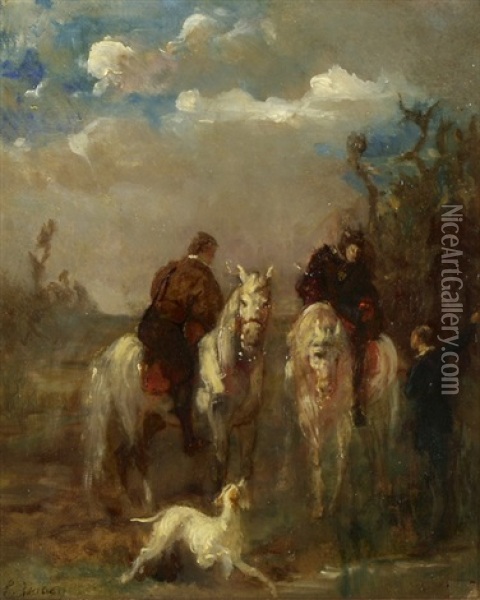 Zwei Reiter Erkundigen Sich Nach Dem Weg Oil Painting - Louis-Gabriel-Eugene Isabey