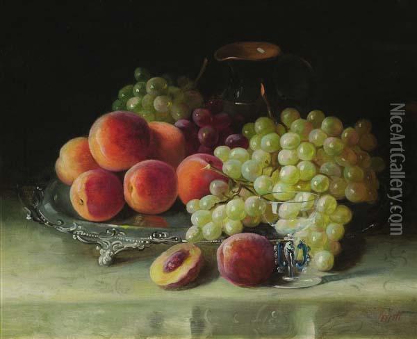 Still Life With Peaches & Grapes Oil Painting - Frederick M. Fenety