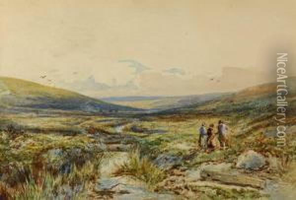 Three Figures By A Moorland Stream In A Panoramic Landscape Oil Painting - Ralph R. Stubbs