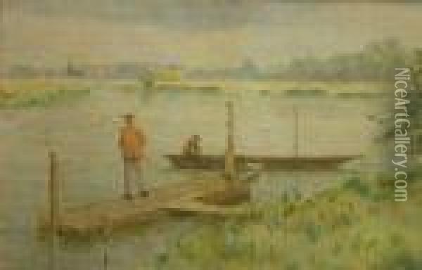 Fishermanon A Jetty Oil Painting - Claude Honore Hugrel