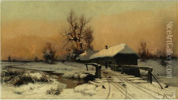 House In Winter Oil Painting - Iulii Iul'evich (Julius) Klever