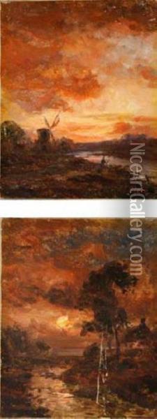 River Landscapes At Sunset Oil Painting - John Falconar Slater