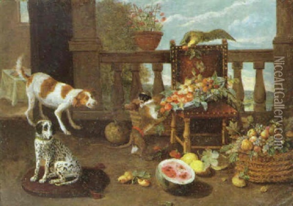 A Dog Surprising A Monkey Overturning A Bowl Of Fruit With Another Dog And A Parrot On A Terrace Oil Painting - Jan van Kessel the Younger