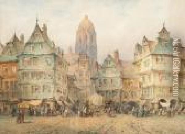 A Busy Town Centre, Probably German Oil Painting - Lewis John Wood