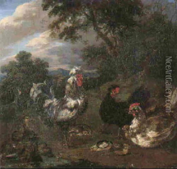 A Wooded Landscape With A Cockerel, Hens And Chicks Oil Painting - Adriaen de Gryef