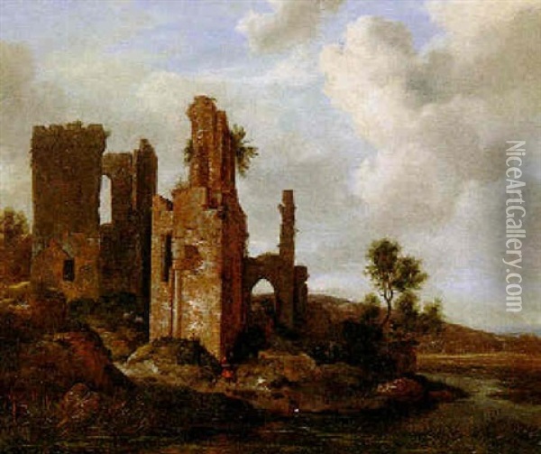 Landschaft Mit Burgruine, Jager Und Hunden Oil Painting - Jacob Van Ruisdael