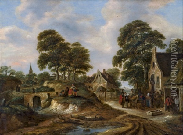 Landschaft Mit Einem Dorf Und Bauerlicher Staffage Vor Einer Herberge Oil Painting - Nicolaes Molenaer