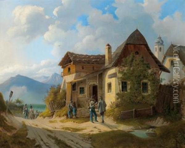 Before The Home Of The Town Justice Oil Painting - Franz Sager