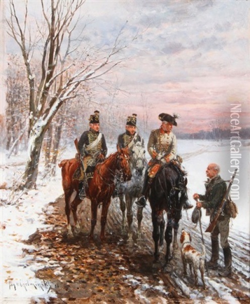 Hussars Questioning A Hunter In A Winter Landscape Oil Painting - Jan van Chelminski