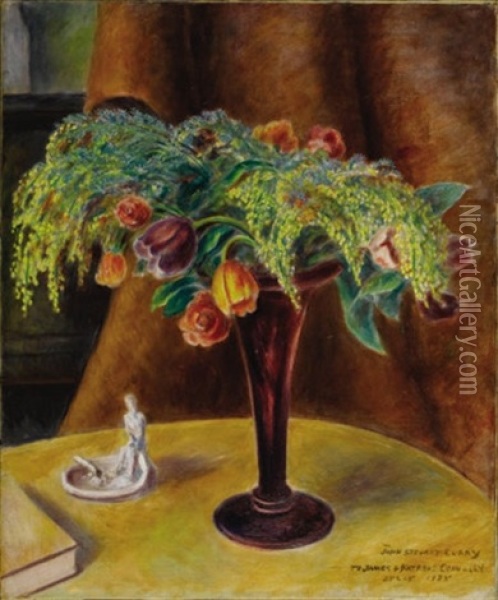 Still Life With Roses, Tulips And Mimosa Oil Painting - John Steuart Curry