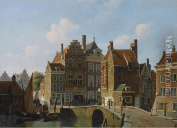 Figures In The Streets Of A Dutch Town, Possibly The Gaardbrug In Utrecht Oil Painting - Johannes, Jan Rutten