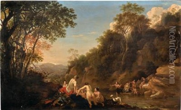 Nymphs In A Landscape Oil Painting - Dirck Van Der Lisse