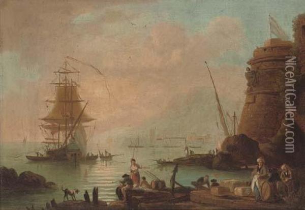 A Coastal Inlet With Merchants On The Shore And A Ship Beyond Oil Painting - Claude-joseph Vernet