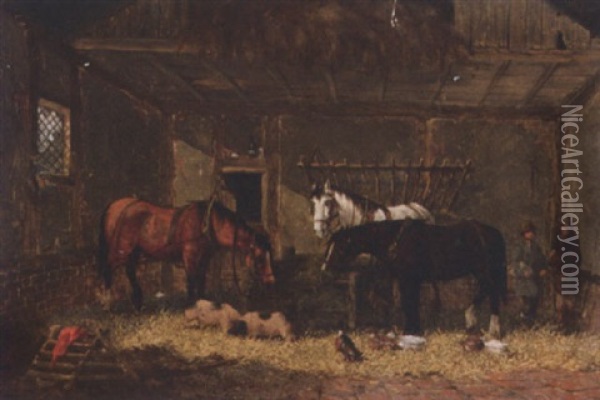 Cart Horses In A Stable Oil Painting - William Meadows