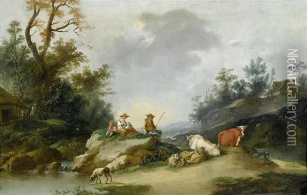 A Shepherd Couplewith Animals In A Mediterranean Landscape Oil Painting - Francesco Zuccarelli