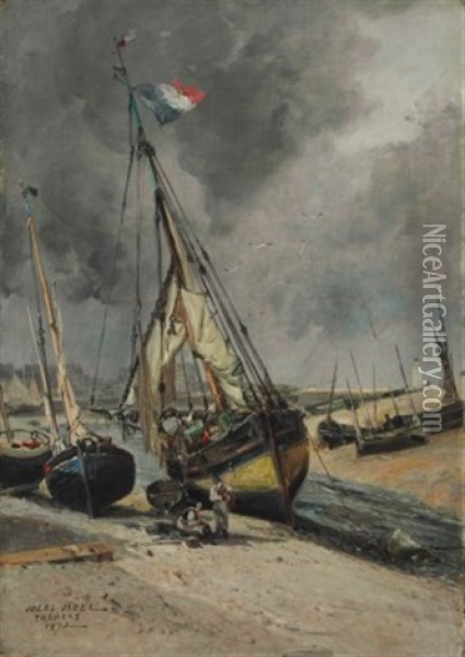 Harbor At Low Tide, Treport Oil Painting - Jules Achille Noel