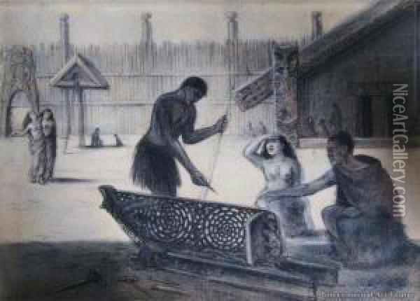 Maori Working On A War Canoe (waka - Taua) In Front Of Hotonui Meeting House Oil Painting - Louis John Steele
