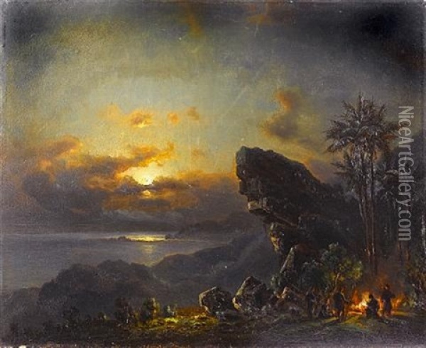 Figures Round A Fire By Moonlight Oil Painting - Fritz Siegfried George Melbye