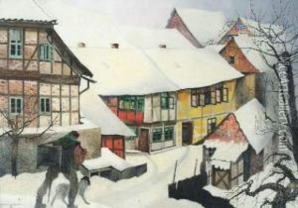 Dorp In De Sneeuw Met Orgelman Oil Painting - Maurice Langaskens