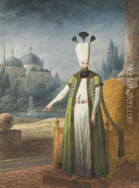Portrait of Sultan Abd-ul Hamid I standing in front of a golden throne, a domed palace in the distance Oil Painting - Jean-Baptiste Hilaire
