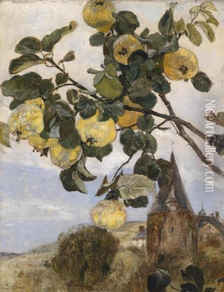 Branch Of A Quince Tree Setagainst A Landscape Oil Painting - Rudolf Ribarz