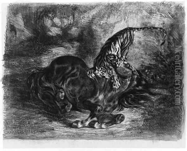 Cheval sauvage terrasse par un Tigre Oil Painting - Eugene Delacroix