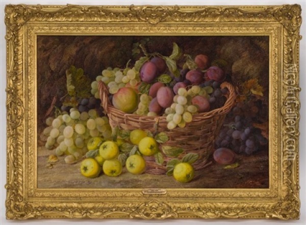 Fruit Still Life Consisting Of Apples, Plums, Quinces And Grapes In A Basket On A Mossy Bank Oil Painting - Vincent Clare