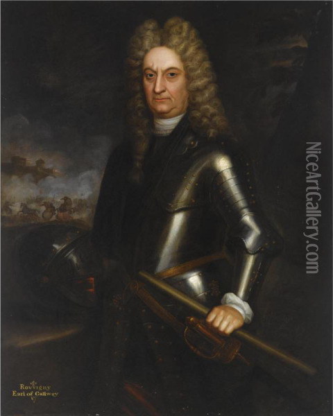 A Portrait Of Rouvigny, Earl Of Gallway, Standing Three-quarter Length, Wearing Armour, A Cavalry Battle Scene Beyond Oil Painting - Martin Maingaud