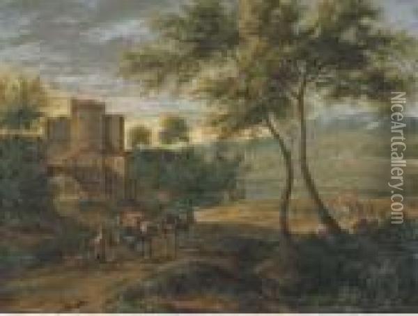 A Landscape With Travellers By The Gates Of A Castle Oil Painting - Peeter Bout