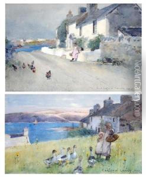 Young Girls Feeding Ducks By A Welsh Cottage On The Coast Oil Painting - Carleton Grant