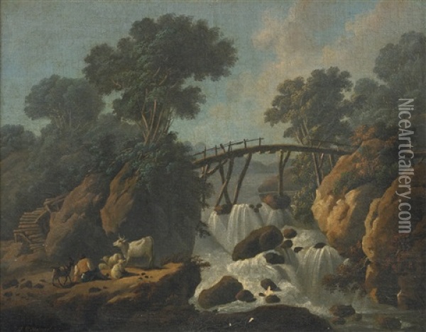 Waterfall Landscape With Herdsman Oil Painting - Jean Baptiste Pillement