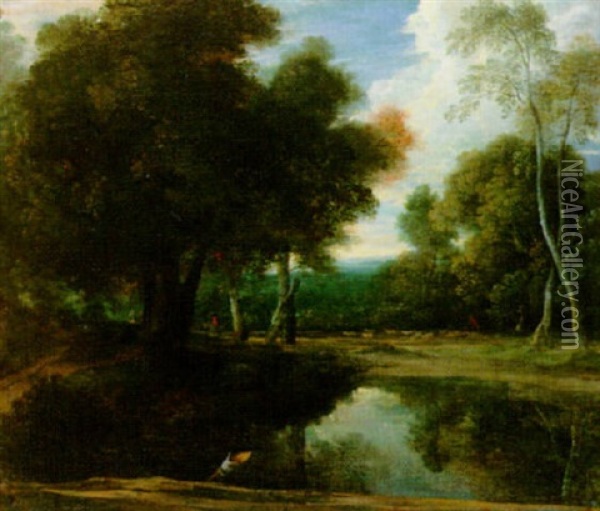 Wooded Landscape With A Shepherd And His Flock By A Pool, A Rider Beyond Oil Painting - Jacques d' Arthois