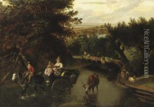 A Wooded Landscape With Peasants In A Horse-drawn Cart Travelling Down A Flooded Road Oil Painting - Jan Siberechts