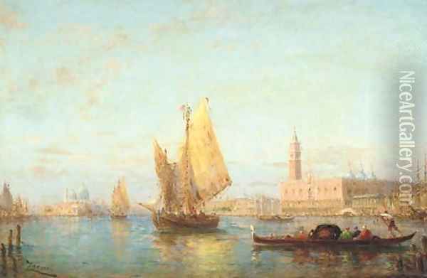 Bragozzi and Gondolas in the Bacino of San Marco with the Palazzo Ducale beyond, Venice Oil Painting - Felix Ziem
