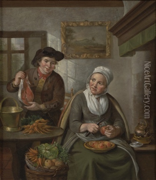 A Couple In A Kitchen With A Woman Peeling Apples, And A Man Holding Up A Piece Of Salmon Oil Painting - Jan Adriaan Antonie de Lelie