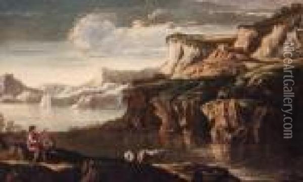 A Rocky Italianate Landscape With Drovers And Cattle At Apool Oil Painting - Salvator Rosa