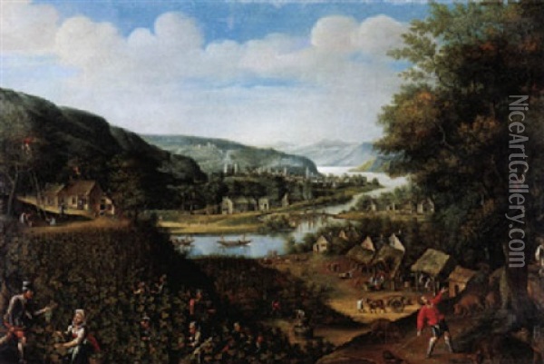 Flusslandschaft Mit Weinernte Und Schweinemast Oil Painting - Frans Floris the Elder