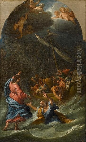 Christ Walking On The Water; And
 The Institution Of The Eucharist, Both In Painted Arches Oil Painting - Francesco Trevisani